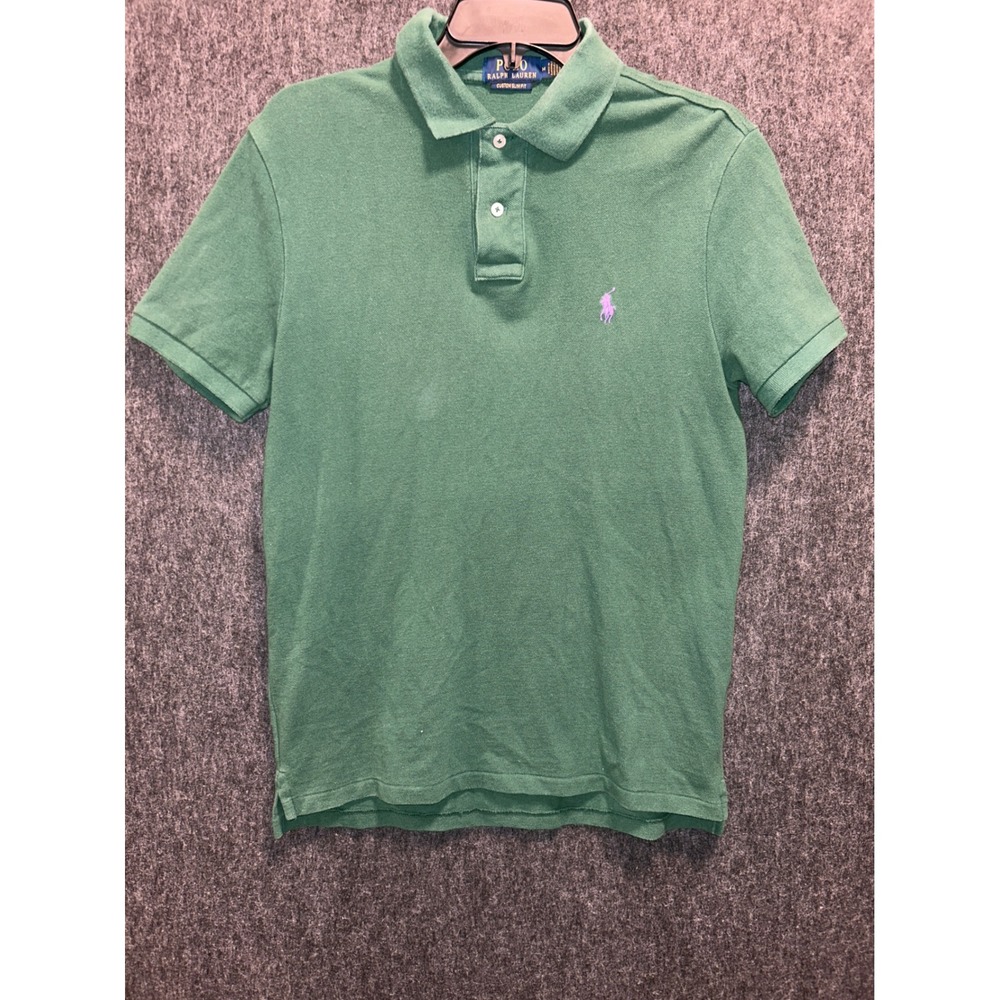 Polo Ralph Lauren Polo Shirt Mens Medium Green Custom Slim Fit Purple Pony Logo